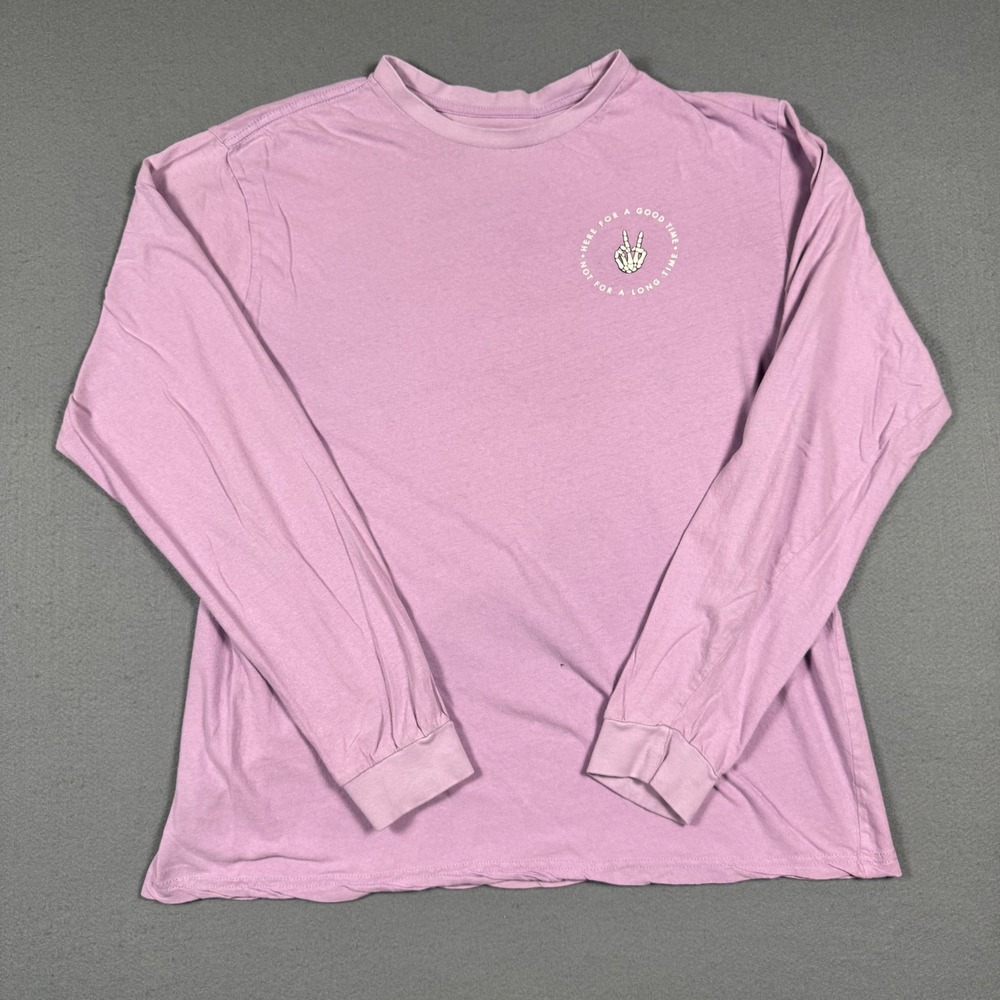 PacSun Mens Large Pink Graphic Long Sleeve Tee Skeleton Hand Peace Sign Shirt